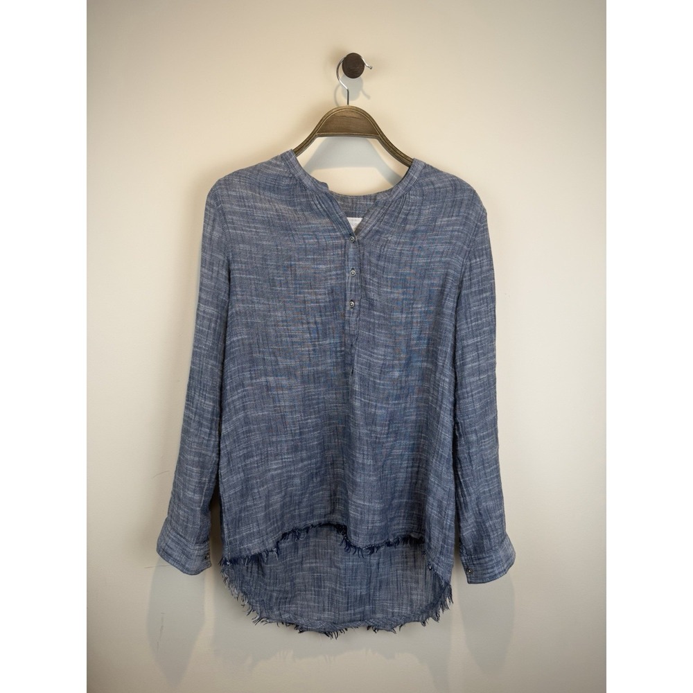 Caslon by Nordstrom XS Blue Chambray Popover Top Fringe Hem Coastal Minimalist